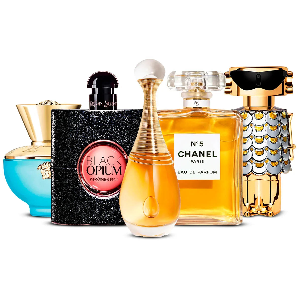 Set di 5 profumi | Versace Dylan Turquoise + Black Opium + J'adore + Chanel N°5 + Fame